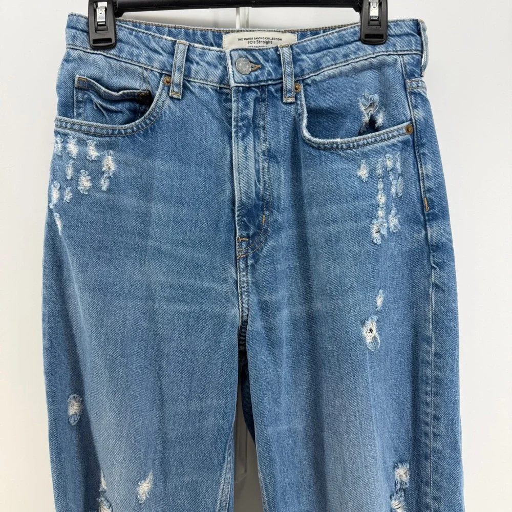 H&M 90s Straight Jeans Womens 6 Blue Distressed Ripped High Rise Grunge‎ Skater